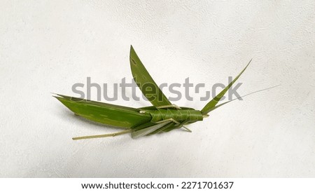 Grasshopper crafts from coconut leaves. On a white background.