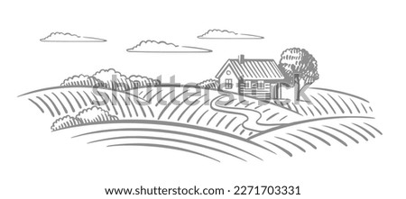 Fields with house in village. Rural landscape countryside