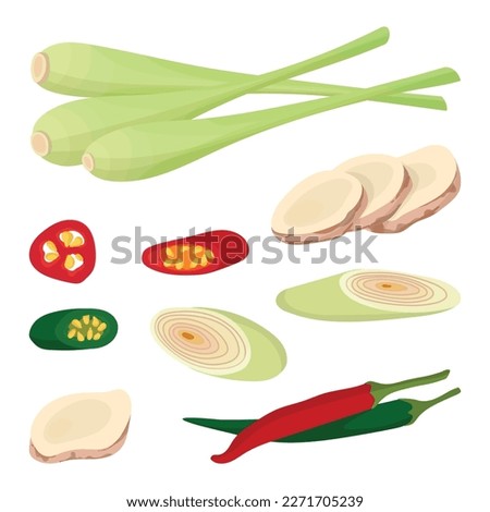 Spices lemongrass, chili, galangal in cartoon style. Ingredients for Asian cuisine. Royalty-Free Stock Photo #2271705239