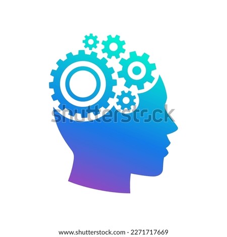 Human head gears tech logo, Cogwheel engineering technological inside brain, Artificial intelligence, Simple flat design icon symbol, Isolated on white background, Vector illustration