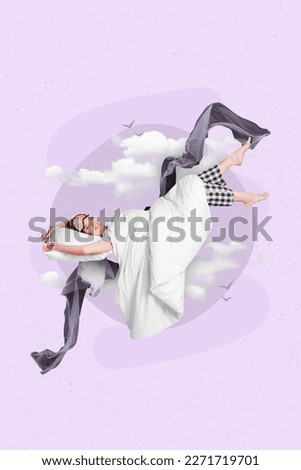 Vertical creative photo collage picture image magazine of lovely sleepy lady enjoy soft bedclothes isolated on painting background