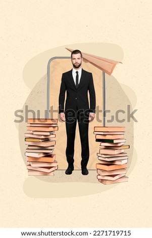 Vertical collage photo image picture poster of successful confident handsome man presenting new books isolated on painted background