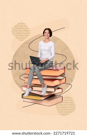 Vertical collage photo image pinup pop picture poster of diligent smart girl preparing final exam isolated on painted background