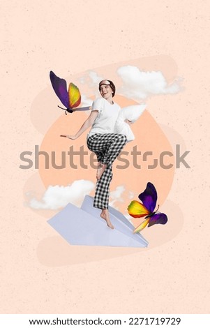 Vertical creative 3d photo collage picture image poster artwork of happy lovely lady enjoy free time isolated on painting background