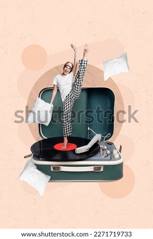 Collage vertical illustration picture image poster of crazy funky girl woke up late morning good mood isolated on painting beige background