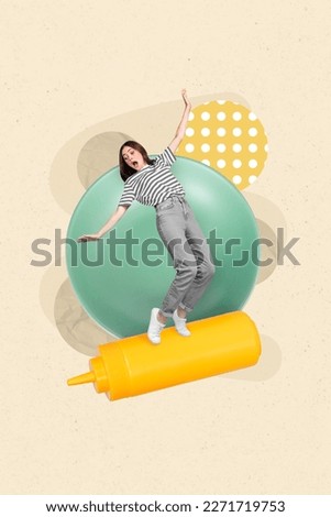 Collage creative photo image picture of crazy girl falling down big size bottle delicious juicy sauce isolated on drawing background