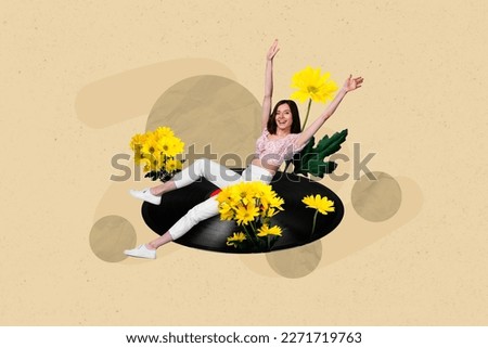 Collage photo poster picture image of positive lady have fun good mood sitting big disk isolated on painted background