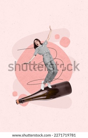 Vertical 3d creative collage picture poster of crazy funky girl standing big bottle tasty red wine isolated on painting background