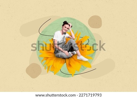 Collage 3d photo retro poster picture postcard of beautiful lady sitting big size flower isolated on painted background