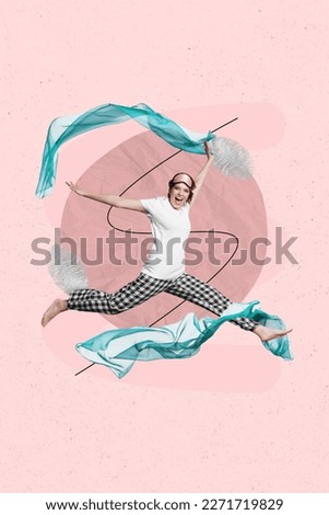 Vertical 3d photo collage picture image poster postcard of crazy funky lady good mood fly air dreams isolated on painting background