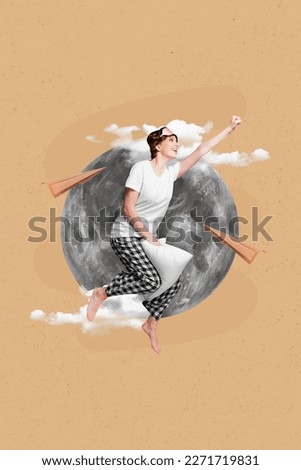 Vertical collage photo picture image artwork poster of happy positive girl enjoy sweet dreams isolated on painting background Royalty-Free Stock Photo #2271719831