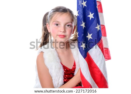 a pretty little girl with a american flag on the white background