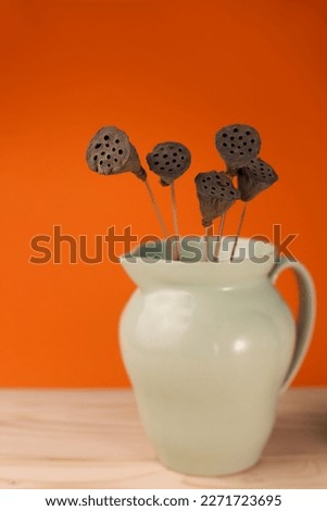 dried mini lotus flower in a soft green vase on an orange background. for labels, screensavers, postcards, napkins, posters
