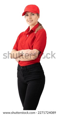 Young woman with folded arms smiling happily and positively, woman as parcel delivery woman isolated on white background wearing red outfit
 Royalty-Free Stock Photo #2271724089