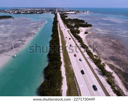 Road to Key West. Overseas Highway (US-1) in Florida Keys. USA. Beautiful landscape and ocean view. Aerial photo.