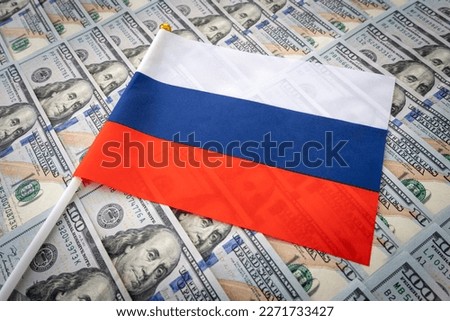 Russian flag over Money , banner background. Criminal and crime, corruption and punishment concept. Russian outlaw, ghetto, social problem