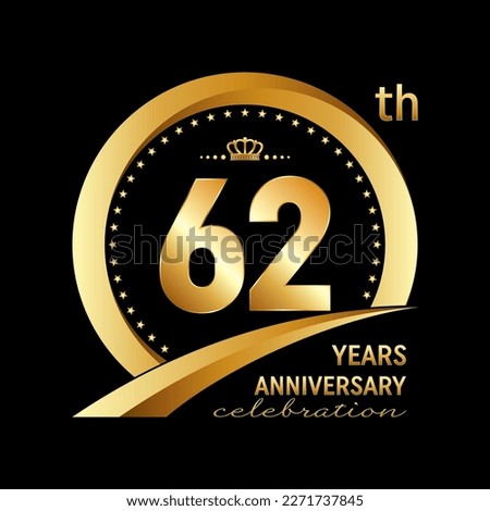 62th Anniversary Celebration Logo design with golden ring and crown for anniversary celebration event, invitation, wedding, greeting card, banner, poster, flyer, brochure. Logo Vector Template