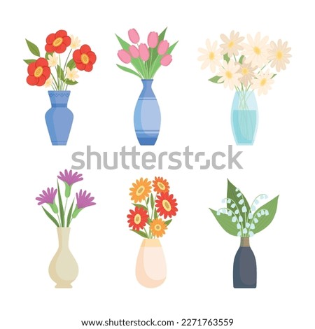 Set of flower bouquets. Tulip, chamomile, lily of valley bright summer blooming flowers in vases cartoon vector illustration Royalty-Free Stock Photo #2271763559