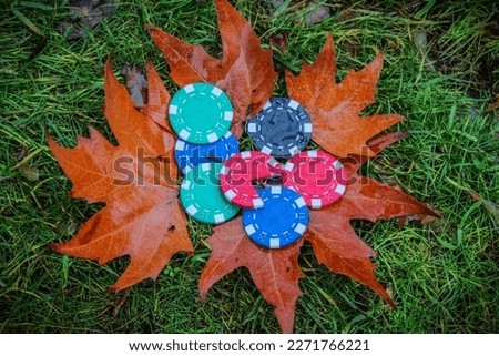Playing poker chips are thrown into the grass in the rain
