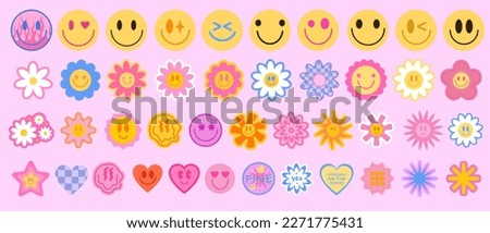 Cool Y2K Stickers Vector Pack. Set of Trendy Groovy Patches. Pop Art Smile Emoji Labels. Vaporwave 2000s Graphics.  Royalty-Free Stock Photo #2271775431