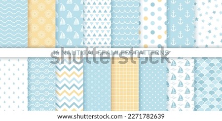 Nautical seamless background. Marine sea patterns. Set blue print with sailboat, anchor, waves, polka dot, zigzag. Childish texture for baby shower, scrapbooking. Geometric design. Vector illustration