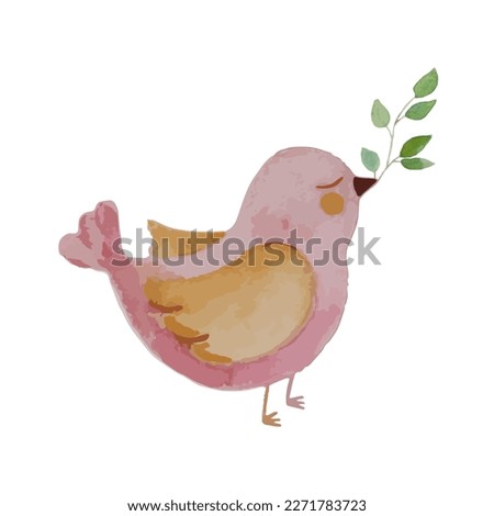 Watercolor pink cute bird with green branch. Vector illustration