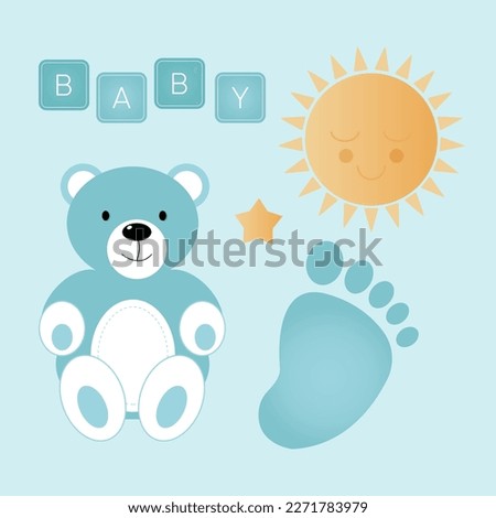 Baby shower banner with blue bear foot and sun on blue background. It s a boy. Vector illustration