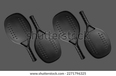Black professional beach tennis racket on grey background. Horizontal sport theme poster, greeting cards, headers, website and app