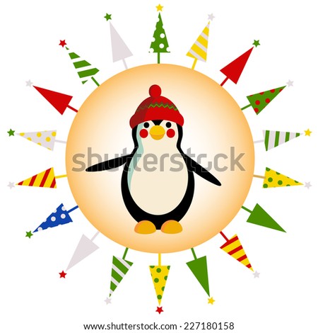 Cute penguin with christmas trees