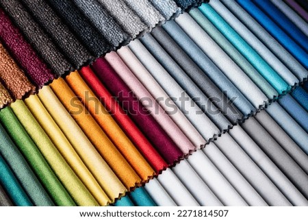 Bright collection of gunny textile samples. Set of fabric swatch samples texture. Samples of fabrics for furniture upholstery. Royalty-Free Stock Photo #2271814507