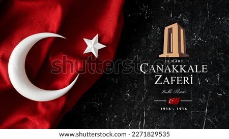 Turkish flag and 3d crescent moonand star on black stone for 18 March, Canakkale Victory Day and martyrs Memorial Day Turkey Royalty-Free Stock Photo #2271829535