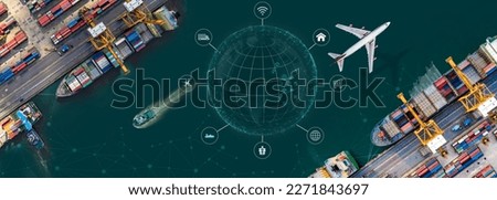 Aerial view and top view cargo plane flying above ship port coverage world map import-export business and logistics international goods. Shipping cargo to harbor by crane   Royalty-Free Stock Photo #2271843697