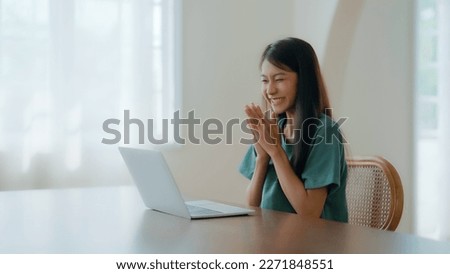 Excited asian female feeling euphoric celebrating online win success achievement result, young woman happy about good email news, motivated by great offer or new opportunity, passed exam, got a job Royalty-Free Stock Photo #2271848551