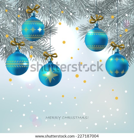 Christmas background with blue decoration balls hanging on fir tree