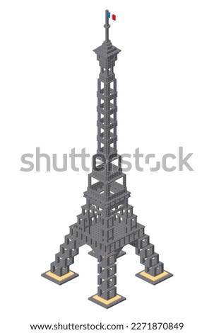 Eiffel tower assembled from plastic blocks in isometric style for print and design. Vector illustration.