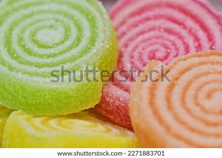closeup picture colorful jelly candy mix granulated sugar 