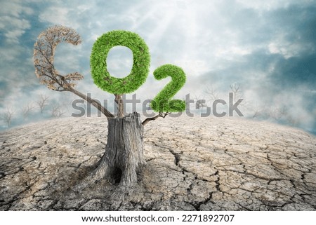 Concept depicting the issue of carbon dioxide emissions and its impact on nature. reduction of the amount of CO2 emissions - concept with removing letter C from CO2 to get oxygen.