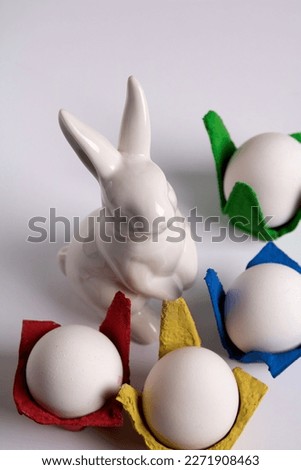 photo rabbit and multicolored egg carton with eggs on white background