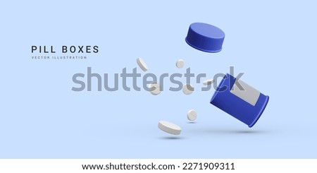3d realistic pill bottle with flying treatment medication pills isolated on white background. Health care concept banner for pharmacy. Vector illustration Royalty-Free Stock Photo #2271909311