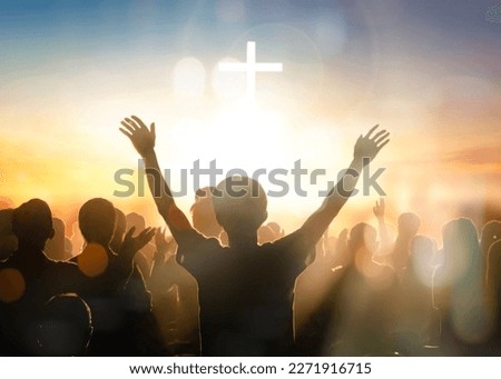 Silhouette worship team raising hands for thanks God at white cross background Royalty-Free Stock Photo #2271916715