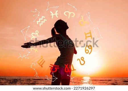 Concept of astrology and horoscope, person inside a zodiac sign wheel Royalty-Free Stock Photo #2271926297
