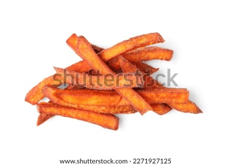 Delicious sweet potato fries on white background