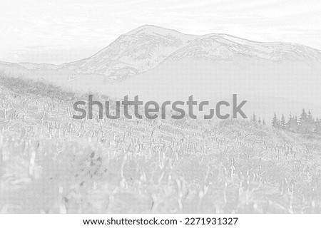 Early flowers meadow with snow capped mountains engraving hand drawn sketch. Photo-realistic monochrome landscape rough drawing. High quality nature scenery pencil art. Creative detailed graphic image