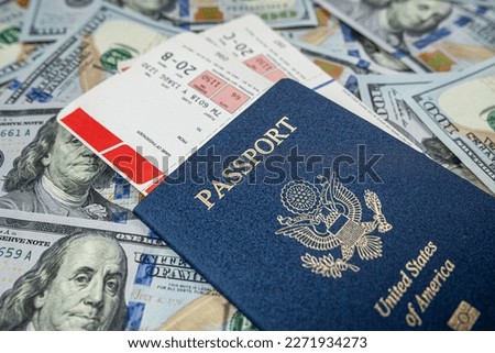 USA passport with travel ticket and dollar money. Vacation concept. Free lifestyle