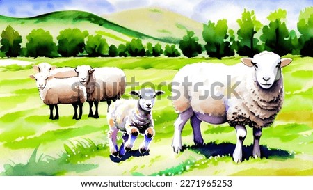 A group of sheep in a meadow with wildflowers. One lamb jumps around joyfully. Hand painted watercolor drawing on watercolor paper as vector.