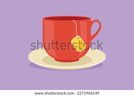 Character flat drawing of hot fresh glass cup of tea for tea shop logo emblem. Tea with teabag and drink coaster logotype template for cafe or food delivery service. Cartoon design vector illustration