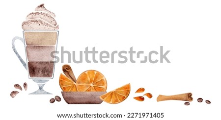 Watercolor hand drawn composition with layered latte coffee cup, whipped cream, orange, cinnamon. Isolated on white background. For invitations, cafe, restaurant food menu, print, website, cards.