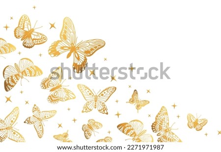 Golden butterflies backdrop. Cartoon gorgeous butterfly pattern, gold butterfly flock, gorgeous exotic moths flat vector background illustration