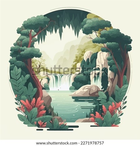 Serene Nature Landscape with Lake, Waterfall  Lush Green Trees - Flat Vector Illustration Ideal for Social Media Posts  Ads