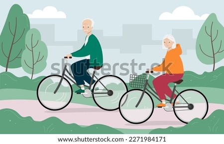 Senior man and woman riding bicycles in the city park. Old man and woman on bikes. Vector illustration